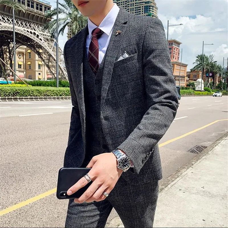 (Jackets + Vest + Pant) Men Groom Wedding Dress Plaid Formal Suits Set High Quality Men Fashion Casual Business Suit Three-piece