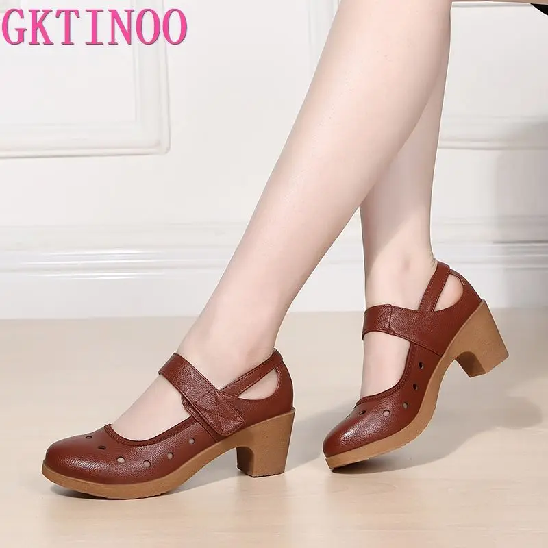 GKTINOO 2024 Cut Out Women Pumps Breathable Women Shoes Hook&Loop Thick High Heels Soft Mary Janes Dancing Shoes Leather