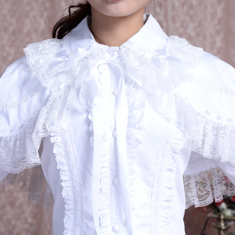 Spring Women White Shirt Vintage Victorian Ruffled Lace Blouse Ladies Gothic Tops Lolita Princess Costume Shawl Shirts 2 Pieces