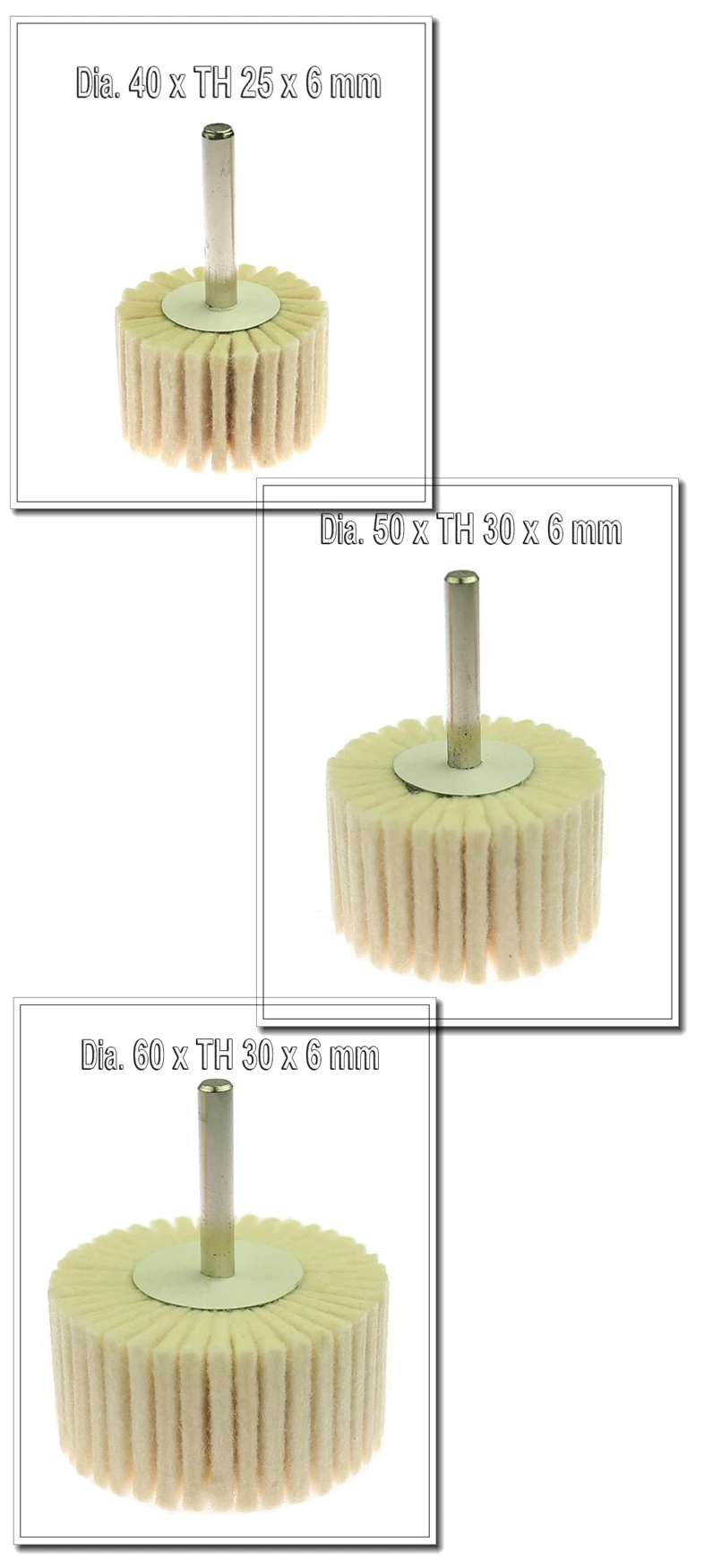 1 Stück 1/4 Zoll 6 mm Schaft montiert Wollfilz Lamellenrad Bürstenbohrer Stabschleifer Zubehör für Metall-Kunststoff-Form Feinpolieren – Detail 1