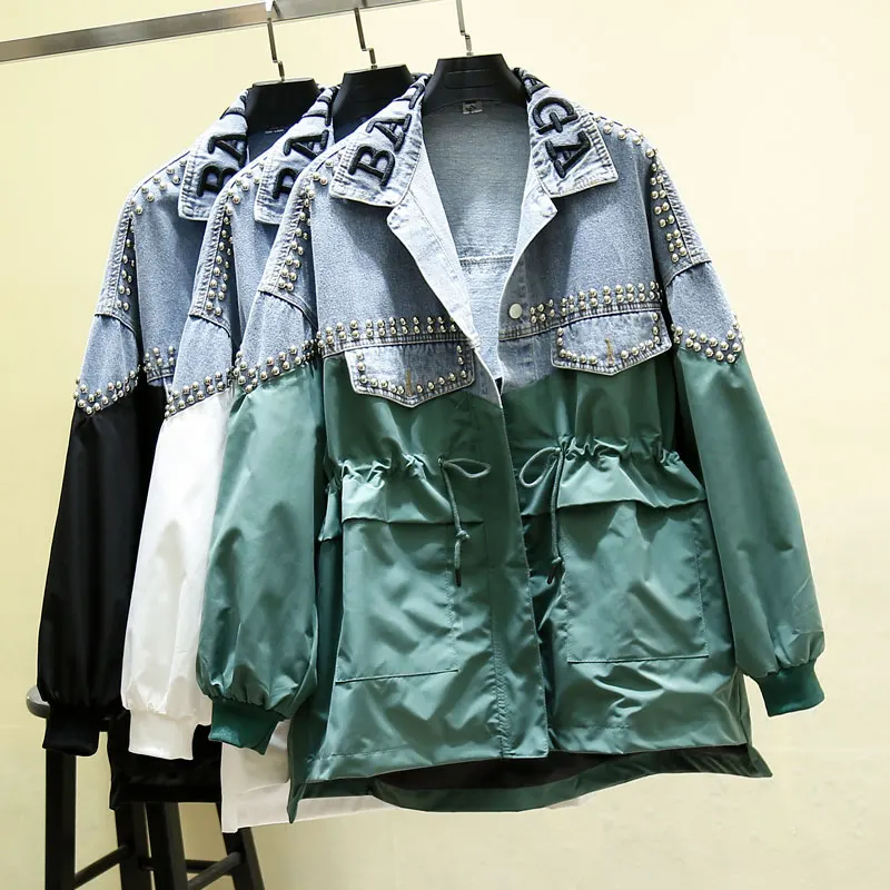 

Women Denim Jackets 2021 Spring Autumn Letter Embroidery Windbreakers Female Rivet Splice Jeans Coats Loose Long Overcoat Pocket