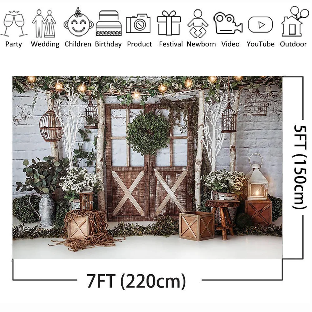 Fotografia Backdrop Recém-nascido Bebê Branco Tijolo Parede Natal Portas De Madeira Grama videira Brinquedos Natal Tema Crianças Foto Estúdio