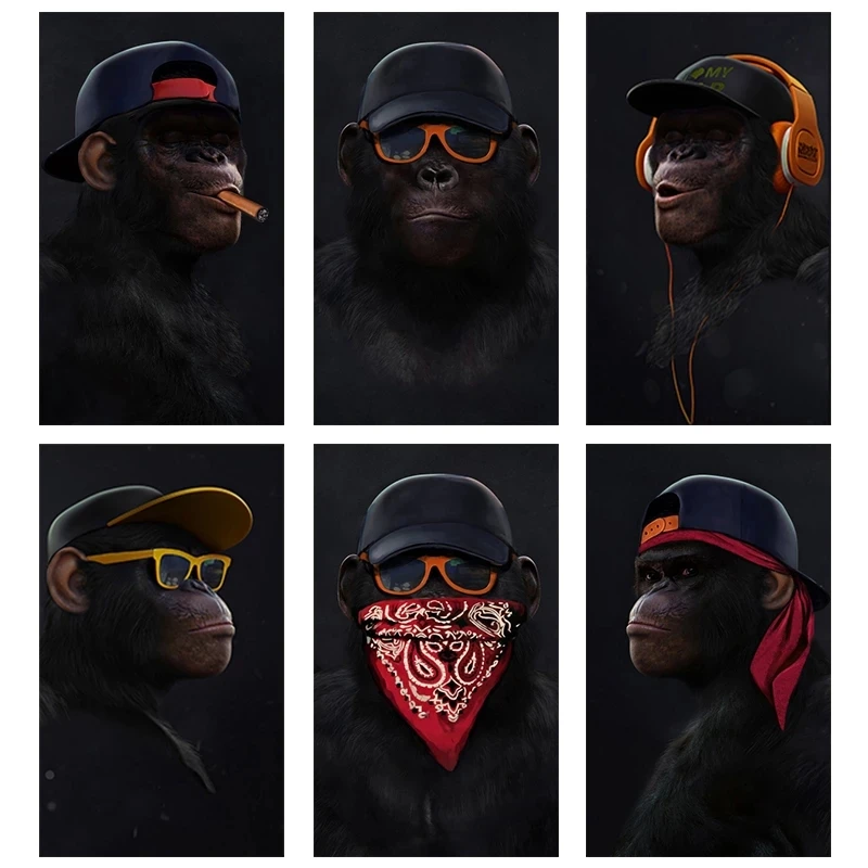 Canvas Painting Funny Animal Gorilla Hip-hop Monkey with Glasses Headset Art Posters and Pictures for Living Room Decoration