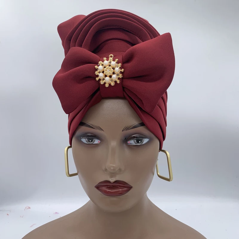 Bow-tie Turban Caps for Women Fashion African  Headtie Nigerian Wedding Gele Muslim Headscarf Bonnet Female Head Wraps