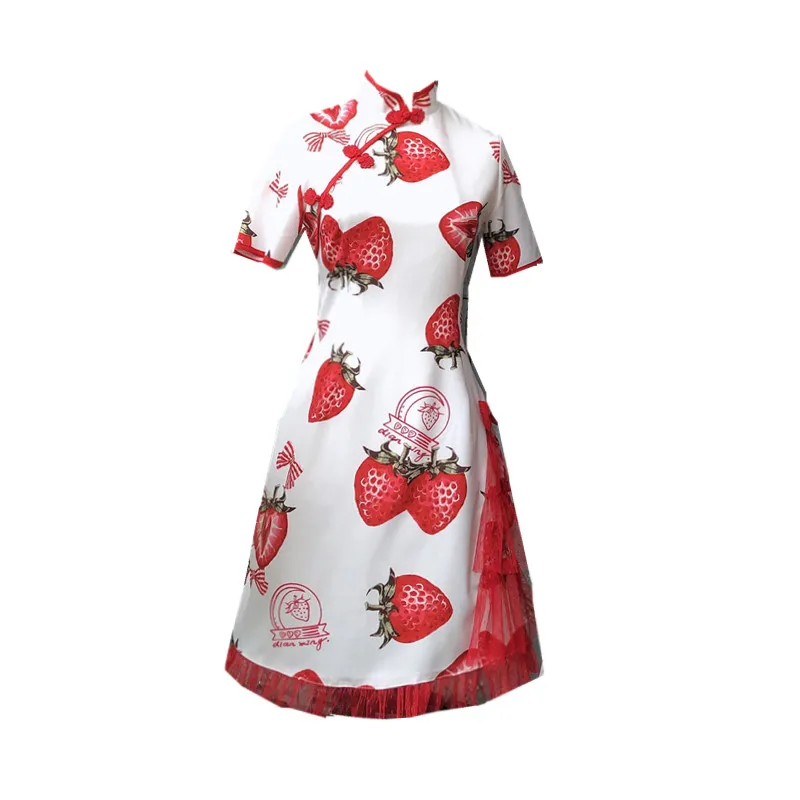 Palace princess sweet lolita dress retro  kawaii girl gothic Lolita Strawberry Cheongsam Summer Lace Waist Lady Gentle Dress