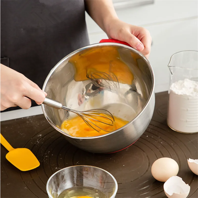 Stainless Steel Salad Mixing Bowl with Scale Non-Slip Silicone Lid Base Egg Beater Fruit Bowls Food Container Kitchen Utensils