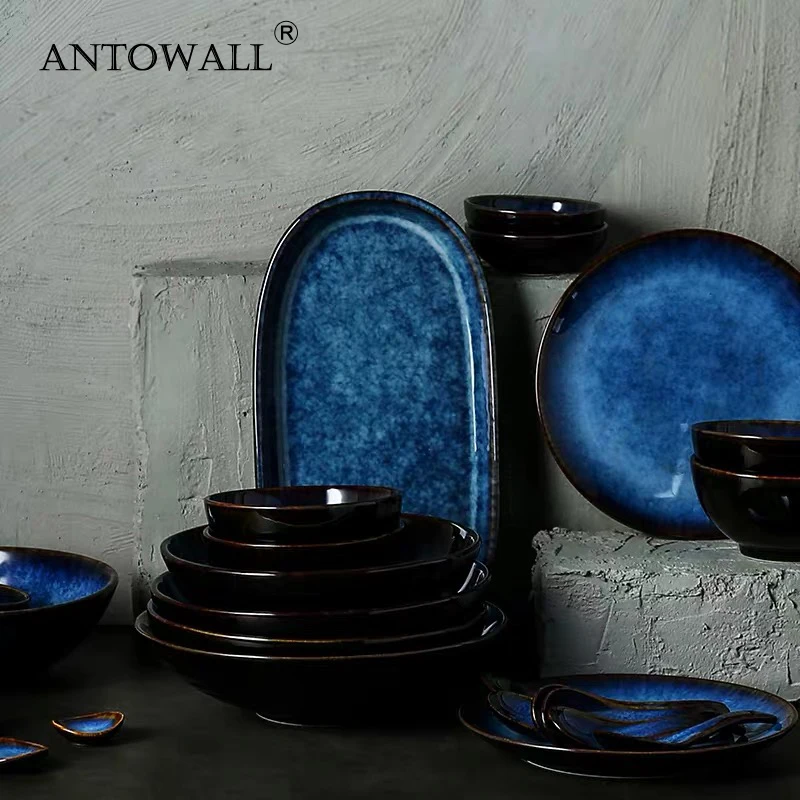 ANTOWALL Dim Blue Ceramic Tableware Dinner Set Bowl Dishes Plate Services Set Porcelain Tableware