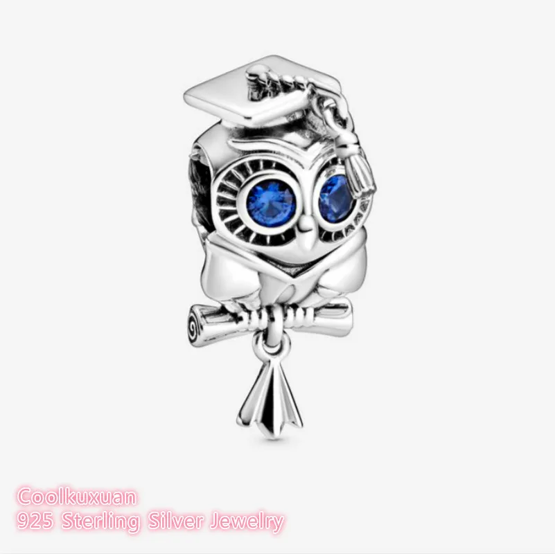 

Mother's Day 100% 925 Sterling Silver Wise Owl Graduation Charm blue crystals beads Fits Original Pandora bracelets Jewelry