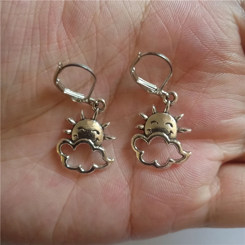 Sun Lever Back Earring, Sun and Cloud Dainty Charm Dangle Earrings Minimalist Jewelry, Antique Silver Color Chistmas Earrings