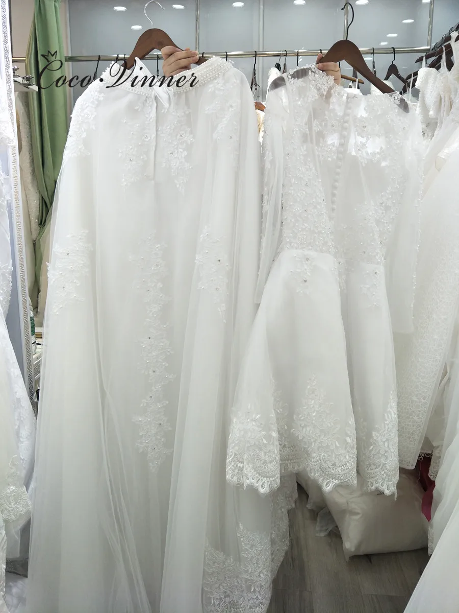 ที่กําหนดเองไข่มุกประดับด้วยลูกปัด 2 IN 1 ชุดแต่งงานสายกระโปรงที่ถอดออกได้แขนยาวภาพลวงตาชุดแต่งงานลูกไม้ W0278-B