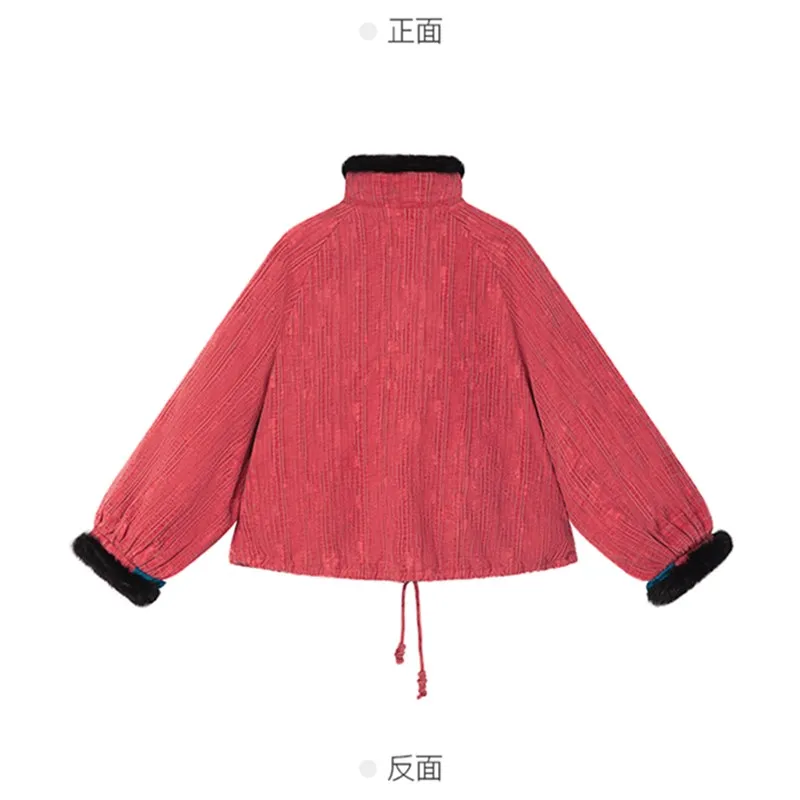 Free Shipping Winter Women Outerwear Single Breasted S-L Red And White Chinese Style Embroidery Thick Coats Stand Collar Warm