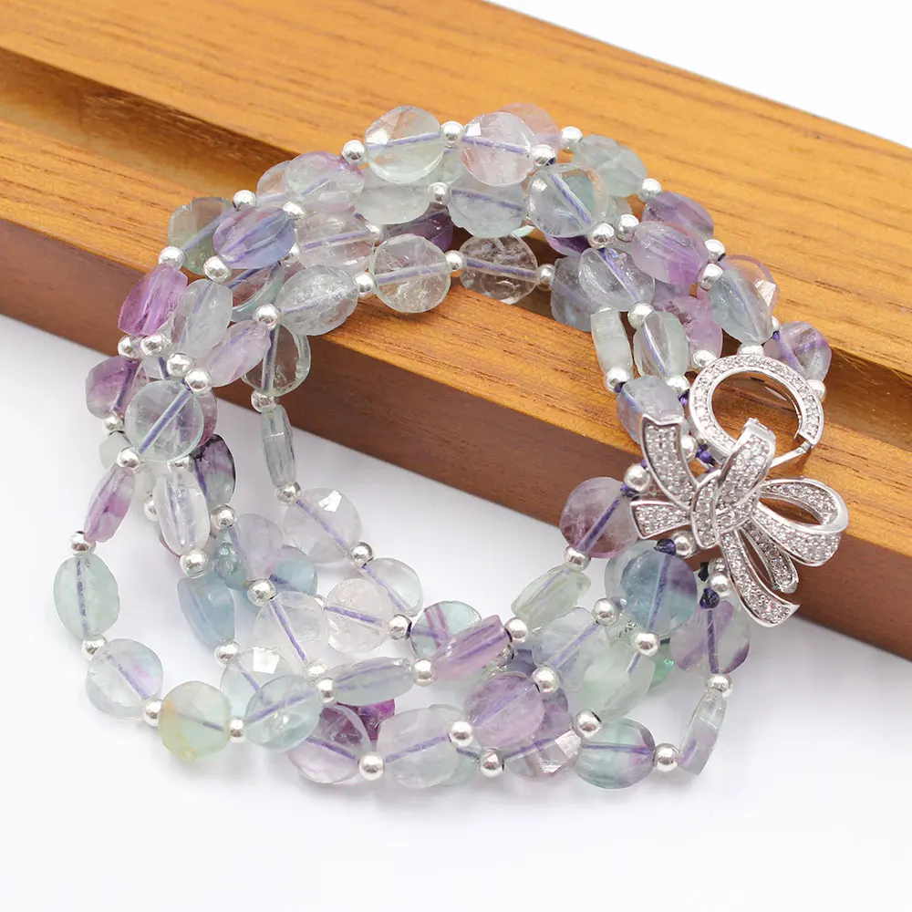 GuaiGuai Jewelry 5 Rows Natural Mix Color Fluorites Faceted Coin Beads Bracelet CZ Flower Clasp Handmade For Women