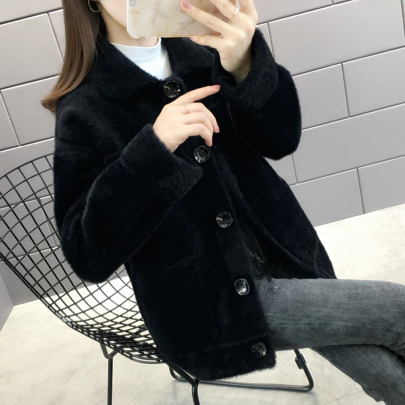 Autumn Winter Thick Faux Mink Cashmere Knitted Sweater Women Short Cardigan Outerwear Loose Casual Big Pocket Knit Jacket Female