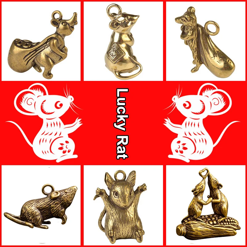 Lucky Mice Car Key Chain Pendants Jewelry Vintage Pure Brass Mouse Figurines Keychain Hanging Fashion Metal Rat Keyring Charms