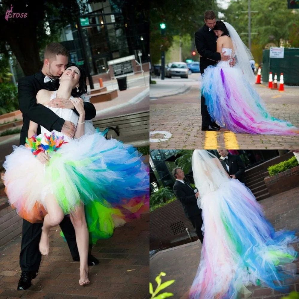 2015 레이스 업 Tulle 웨딩 드레스 홀터 프론트 쇼트 및 롱 백 레인보우 컬러 브라 가운 vestidos de noiva Custom Made