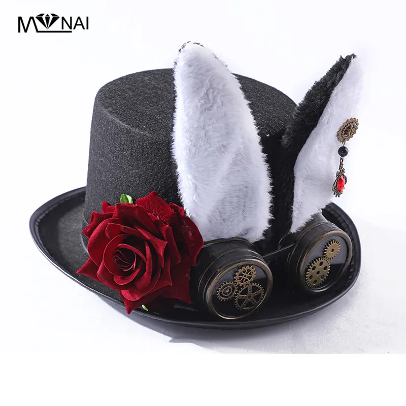 Women Hat Steam Punk Anime Cosplay Top Hat Detachable Goggles Gear Halloween Vintage Hat Black Polyester Stage Performance