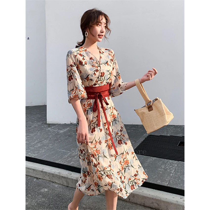 Japanese Style Fashion Flower Print Kimono Dress Women Ladies Summer Streetwear Yukata Obi Harajuku Folk Retro Casual Vestido