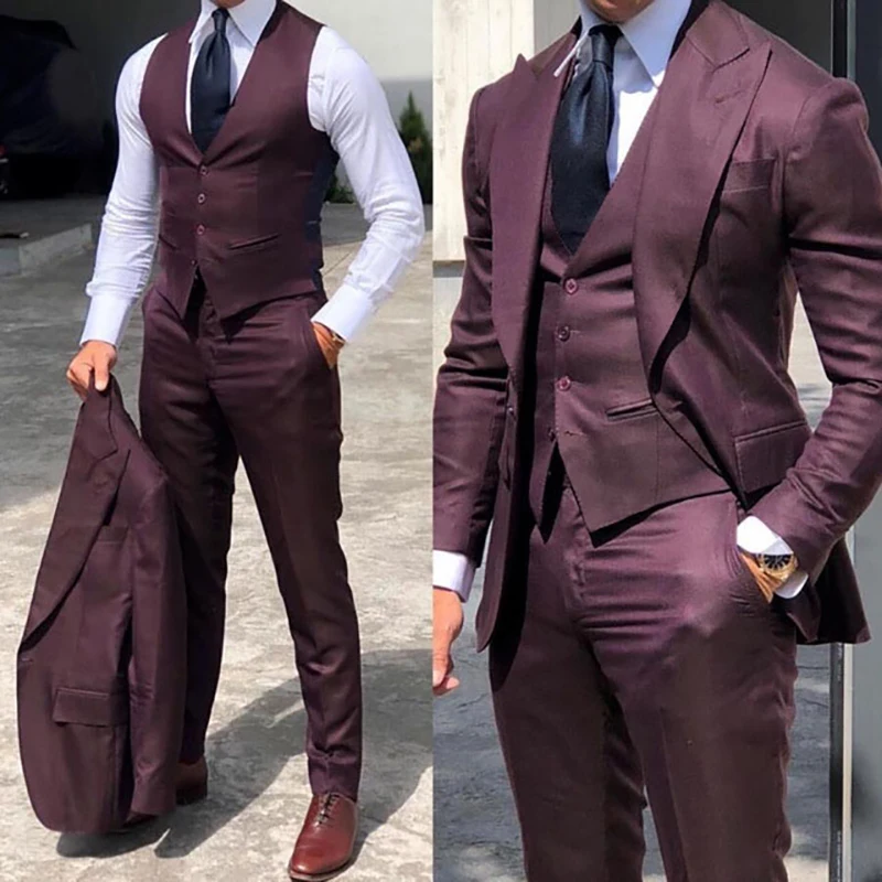 Modest Brown Classic Men Suit 3 Pieces Tuxedo Peak Lapel Groom Wedding Suits Set Burgundy Men Business Blazer Jacket Pants Vest