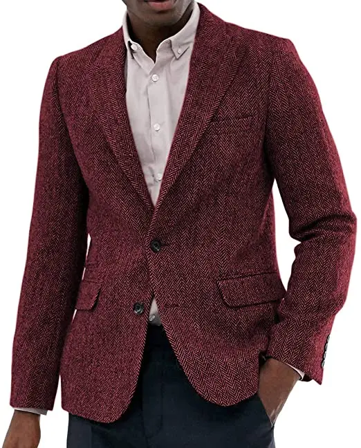 Jaqueta de lã Slim Fit Tweed masculina, colete espinha de arenque, padrinhos de casamento, roupas casuais, 2021