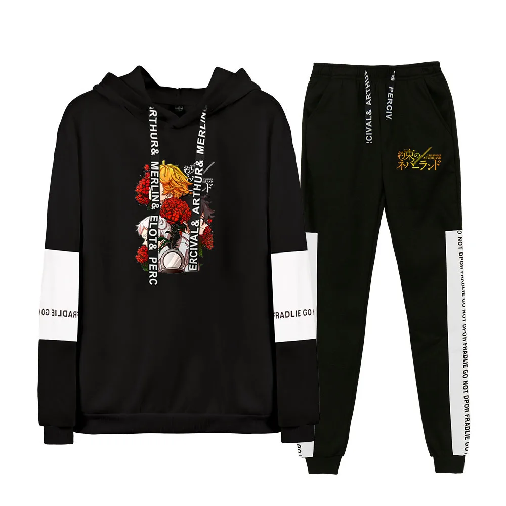

Japanese 2D Printed Raglan Sweatshirt Suits The Promised Neverland Casual Sport Stylish mens two piece Hoodies+Long Pants Sets