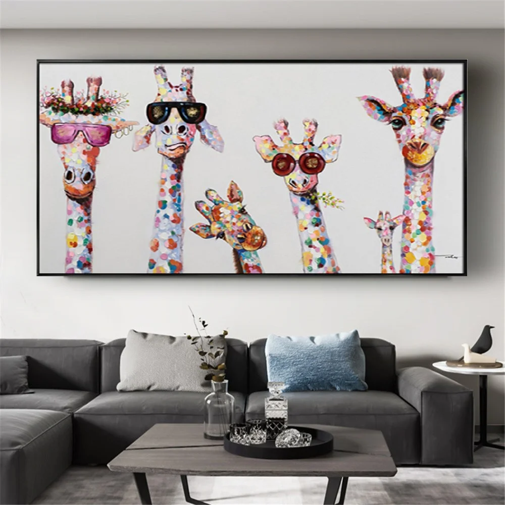 100% Hand-painted Canvas Artwork Animal Oil Painting Giraffe Pictures Modern Children's Room Decor Image Home Colorful Large Art