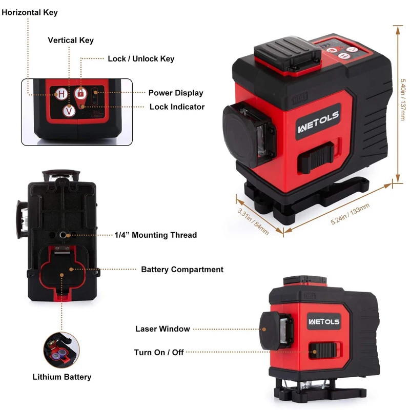 12 Lines Laser Level,3x360° 3D Green Cross Line,Three-Plane Leveling and Alignment,Switchable ,Self-Leveling, with tool box