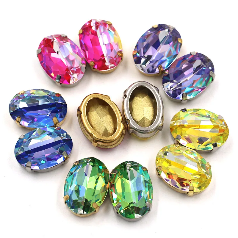 High Quality Glass Crystal Stones Oval Shape Golden Claw Setting Laser Rhinestones Sew On Shoes/Bags/Clothing Accessories