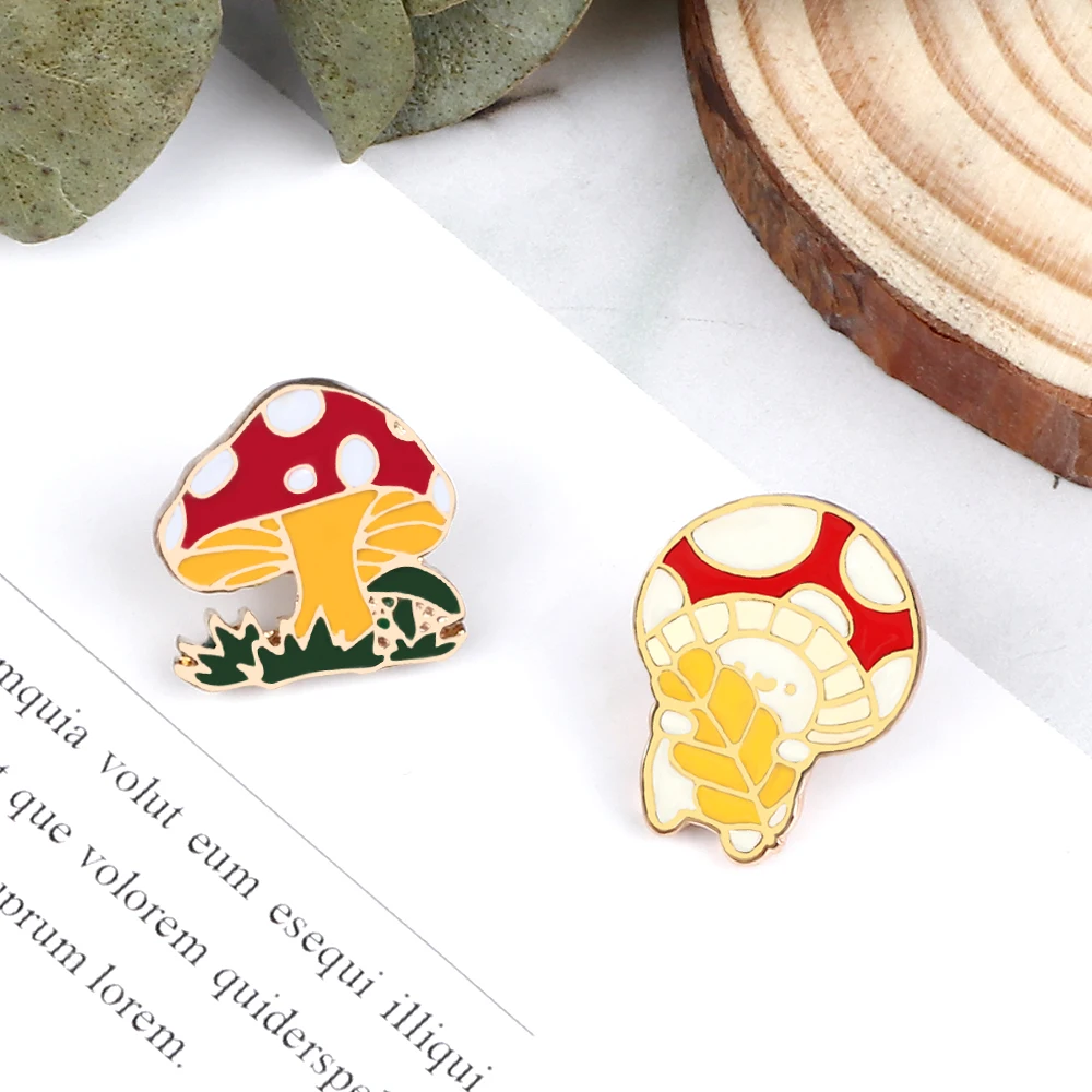 4 Style Cartoon Mushroom Enamel Pins Kids Cute Red Plant Brooches Women Coat Lapel Pin Badges Jewelry Gift for Friends Fashion