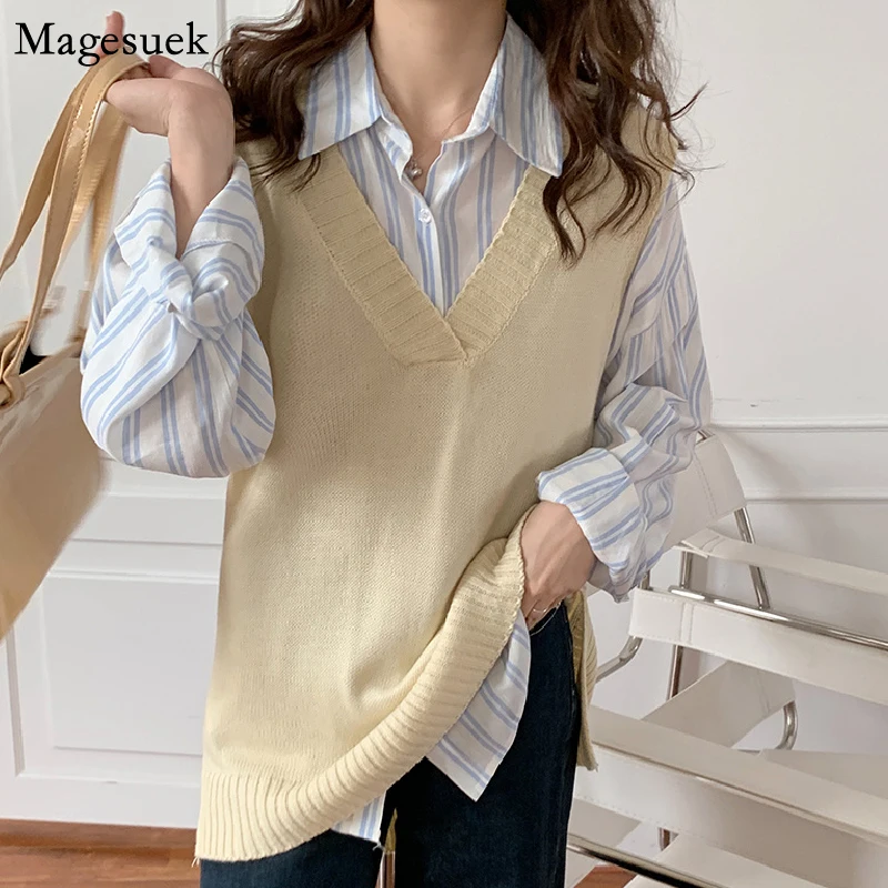 Loose Knitted Sweater Vest Women Korean V-neck Sleeveless Pullovers Women's Sweaters Tops Preppy Style Casual Knit Vests 16927