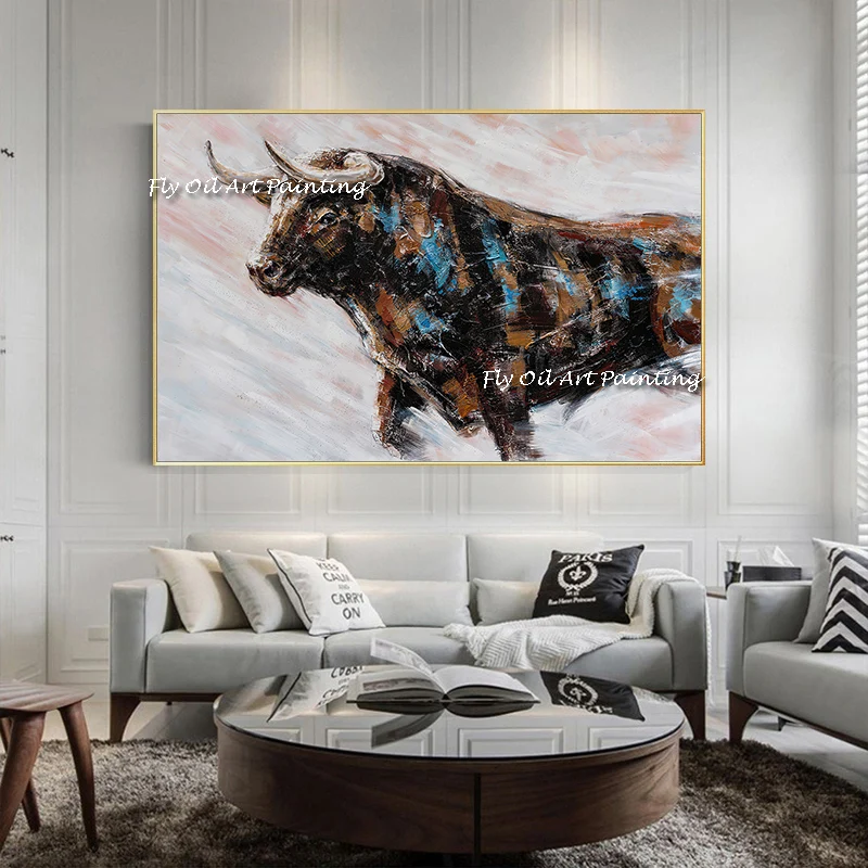 

Artist Pure Large Size 100% Hand-painted High Quality Bull On Canvas Handmade Colorful Animal Ox Oil Painting For Decoration