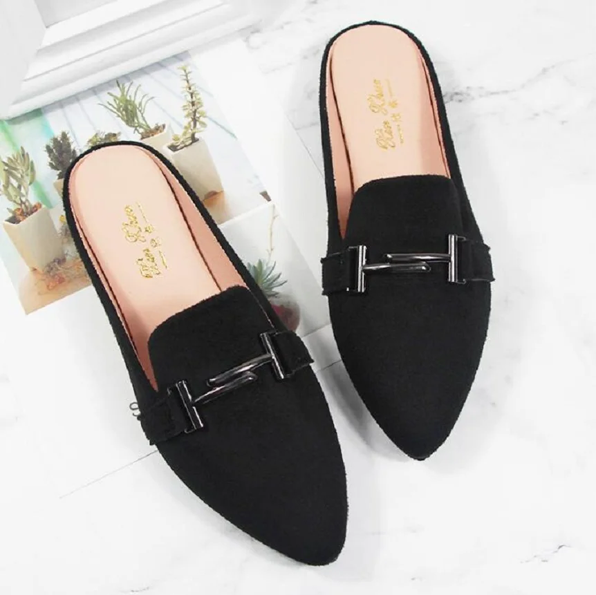 

Summer Autumn Pointed Toe Flat Woman Slippers Slip On Half Shoes Loafers Mules Flip Flops plus size 31-44 Women Sandals