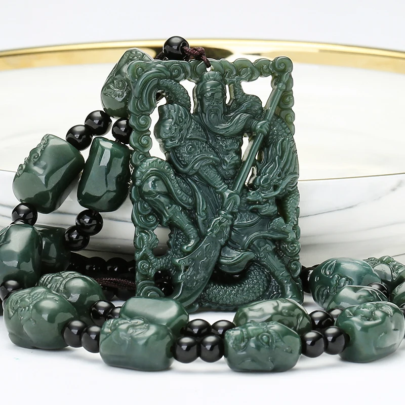 

Superb bottle green Jade Guan Gong Pendant lucky God Amulet hanging 18 arhat bead necklace churinga