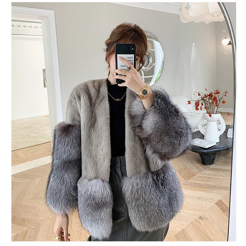 HDHOHR New 100% Natural Importe Mink Fur Coats 2024 winer Real Fox Fur Jackets Women Fashion Female Short Real Mink Fur Coat