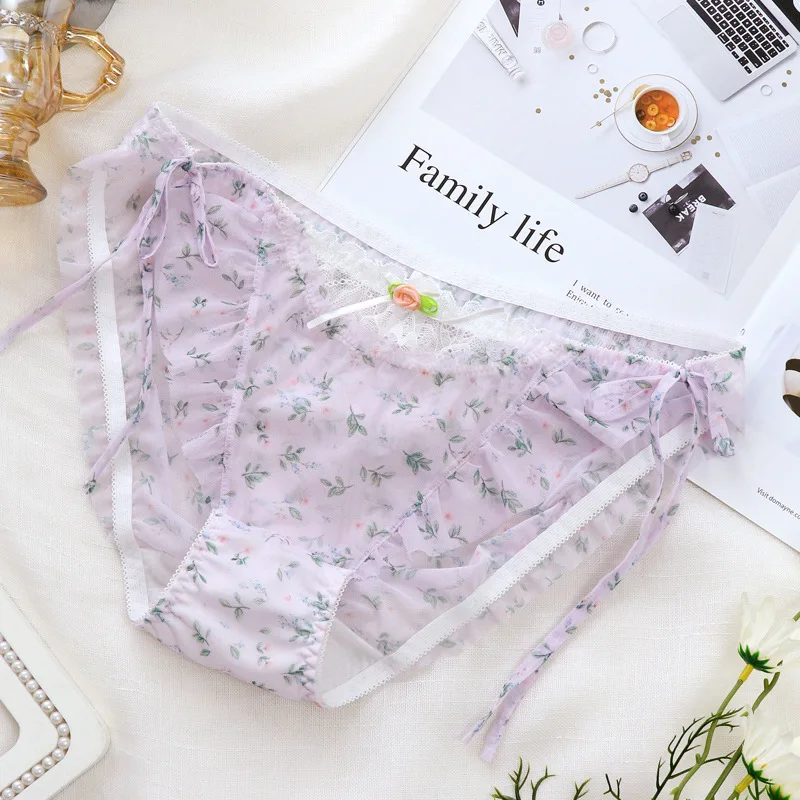 Female Hollow Out Transparent Panties Summer Quick-drying Ultra-thin Mesh Briefs Sexy Print Strap Underwear Large Size Lingeri