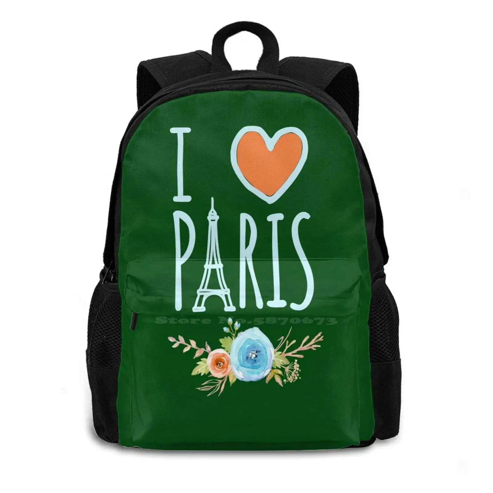 I Love Paris Floral Watercolor Design School Bags For Teenage Girls Laptop Travel Bags Paris Watercolor Design Cute I Love