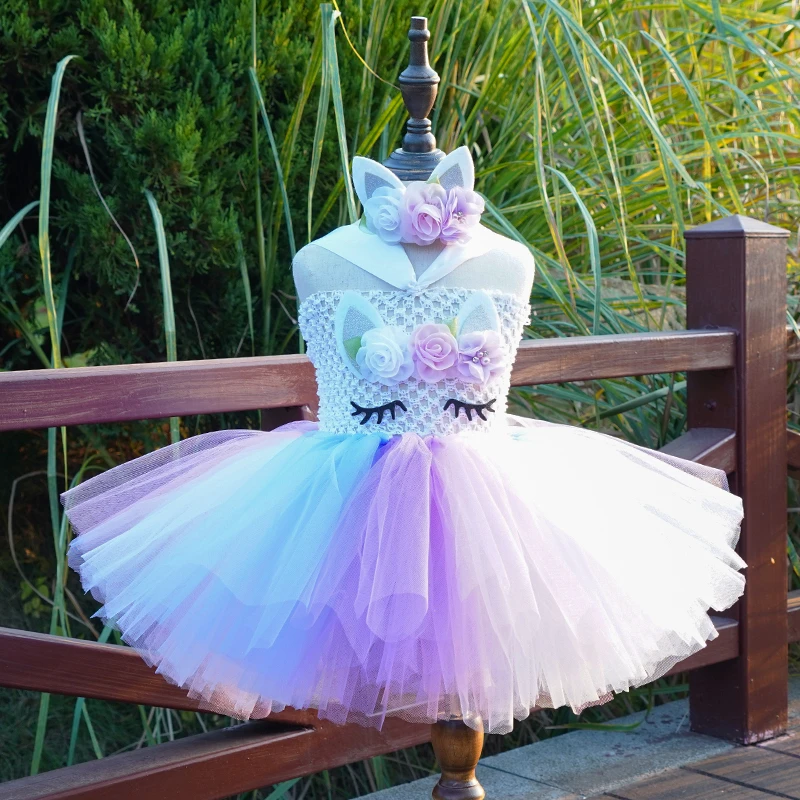 Girls Pastel Unicorn Flower Tutu Dress Baby Crochet Fluffy Tulle Tutus with Headband Kids Birthday Party Costume Cosplay Dresses