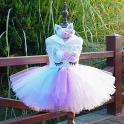 Girls Pastel Unicorn Flower Tutu Dress Baby Crochet Fluffy Tulle Tutus with Headband Kids Birthday Party Costume Cosplay Dresses