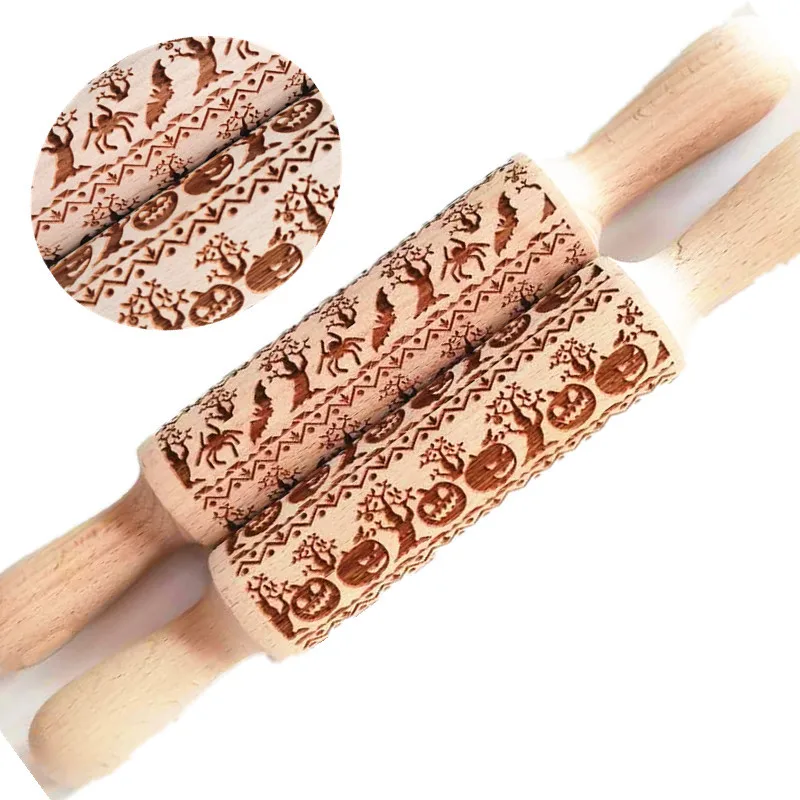 

Christmas Rolling Pin Beech Rolling Pin Fondant Biscuits Cookies Pressing Printing Pins Baking Appliances Embossed Rolling Pin