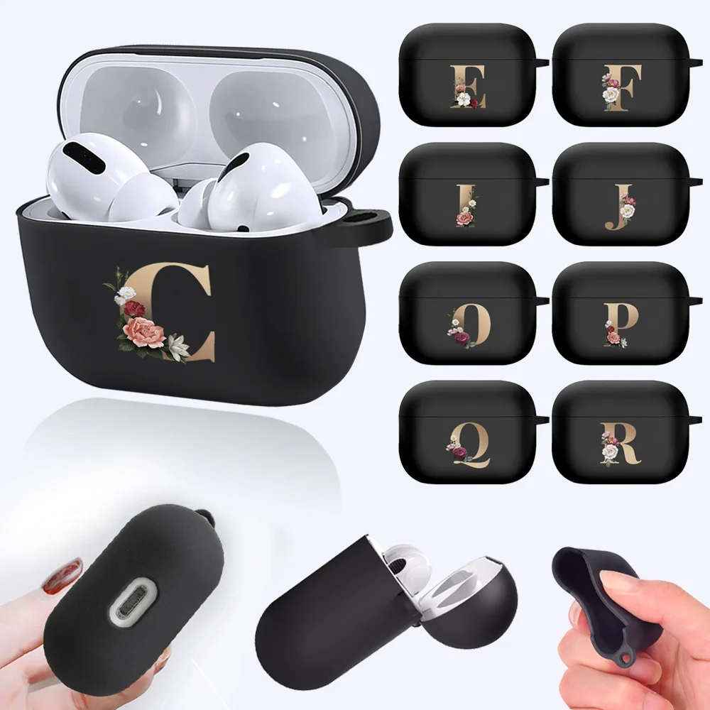 For Apple AirPods Pro A2084 A2083 Cute Floral Gold Initial Letter Pattern Black Silicone Wireless Bluetooth Earphone Cover Cases