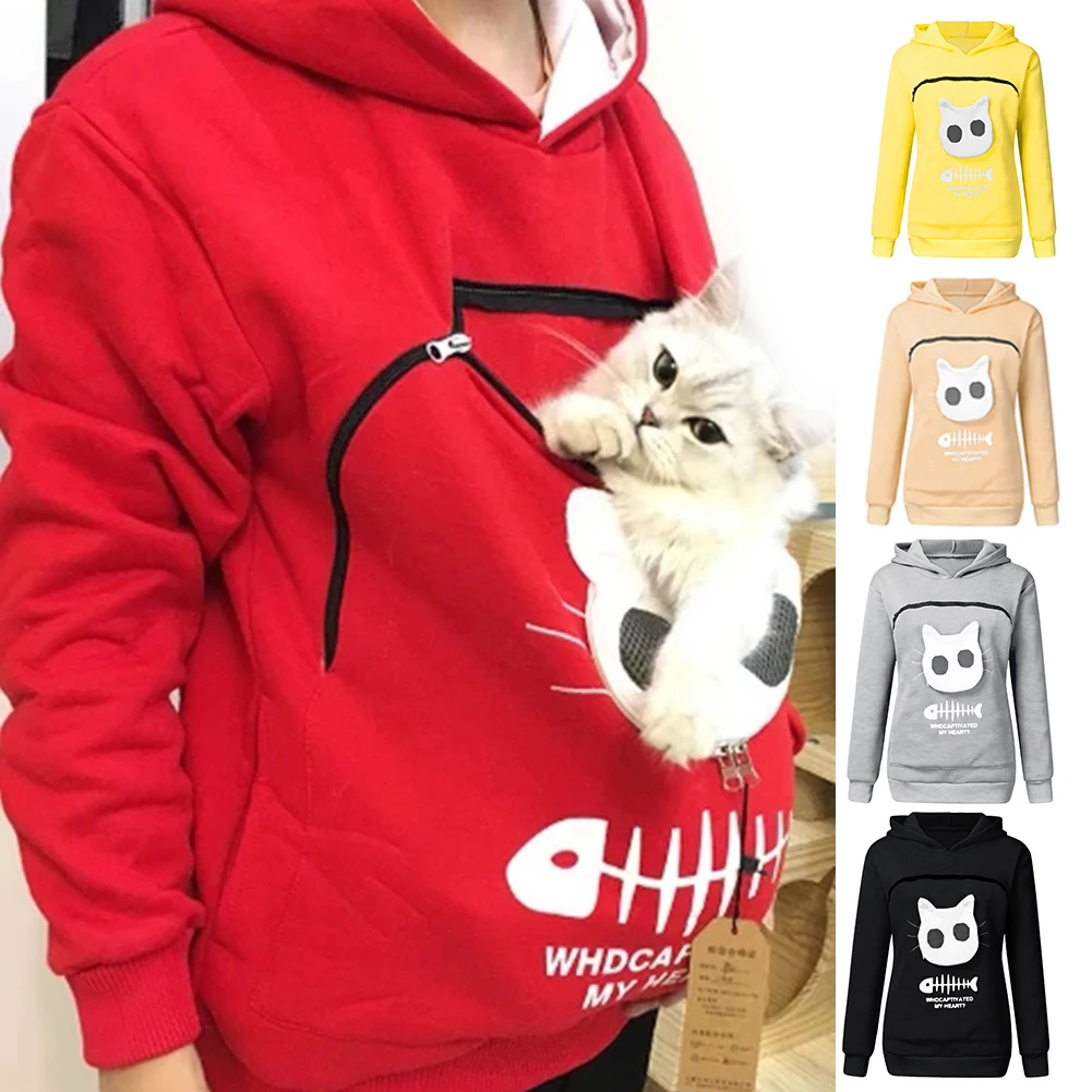 Women Long Sleeve Kangaroo Pouch Cats Fish Print Hoodie Pet cats Holder pocket Sweatshirt Dropshipping female Plus size Hoodie