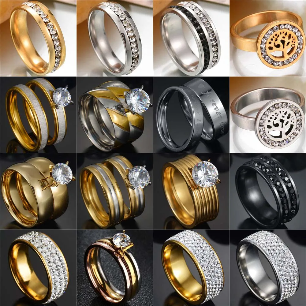 Boho Female Crystal Stone Ring Vintage Stainless Steel Women Wedding Rings Fashion Promise Yellow Gold Couple Engagement Ring