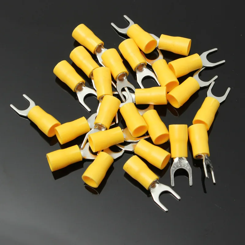 25pcs Yellow Insulated Fork Wire Connector Electrical Crimp Terminal 22-16AWG 6.4m 5.3mm 4.3mm 3.7mm