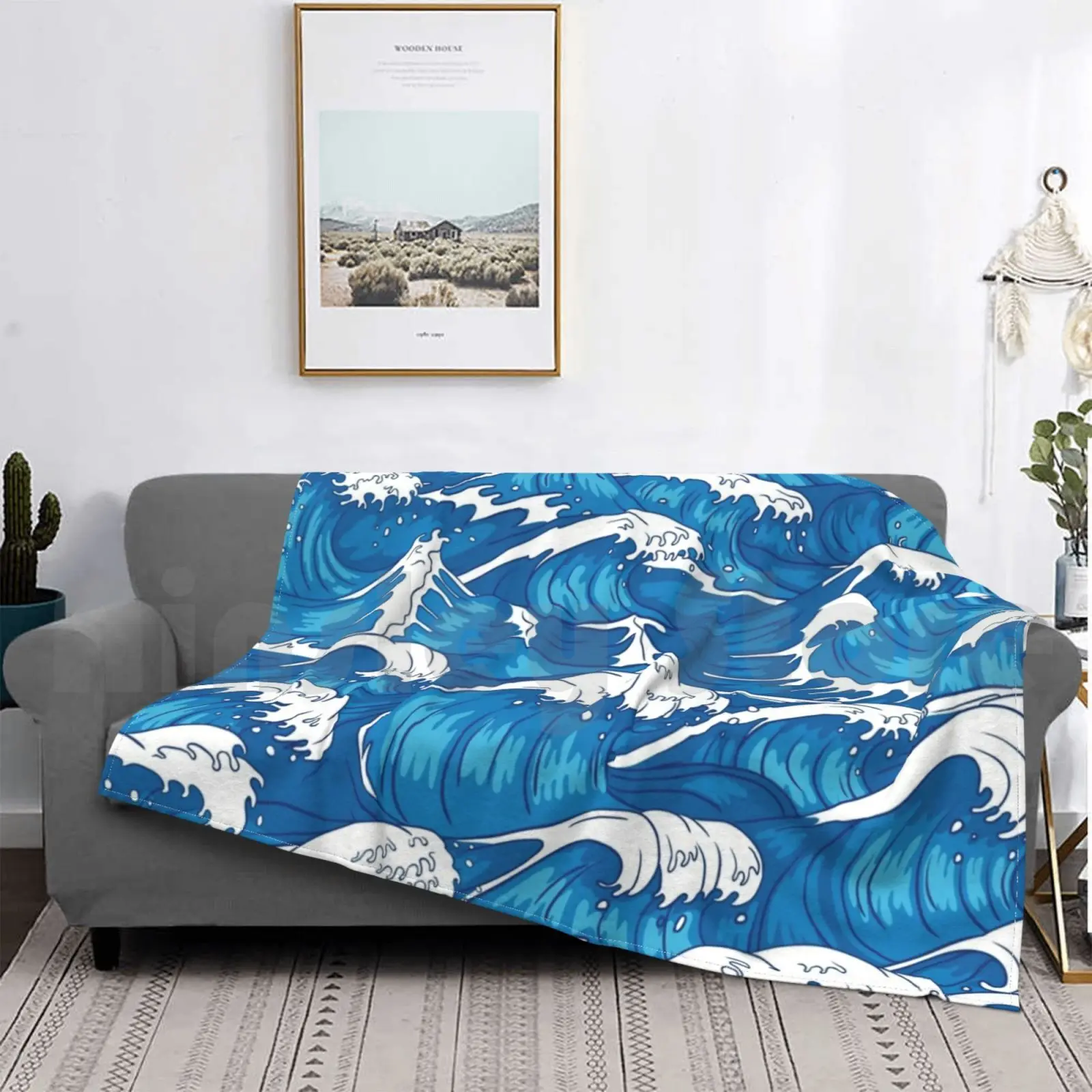 Koc z motywem fal błękitnego oceanu na sofę, łóżko, podróże, błękitny ocean, fale błękitnego oceanu, kolor, kolorowe fale, faliste, fale