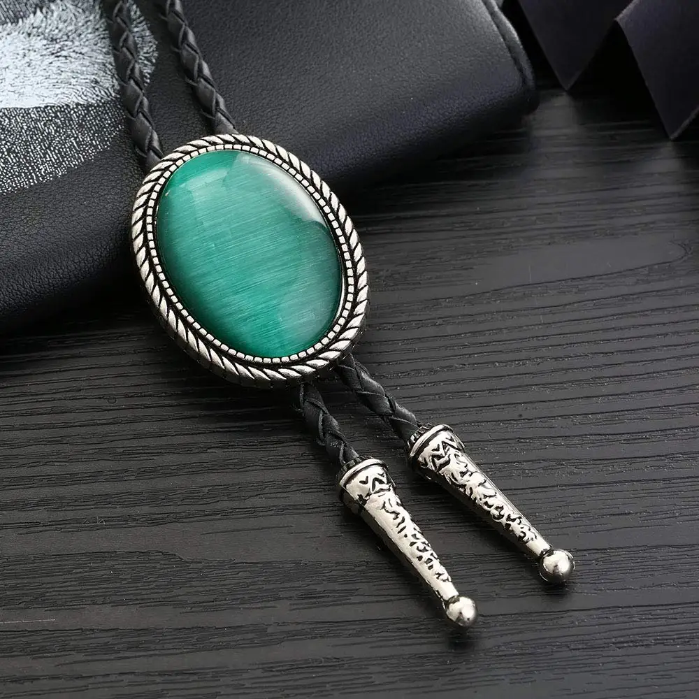 Naturel stone Green cat eye bolo tie for man Indian cowboy western cowgirl leather rope zinc alloy necktie