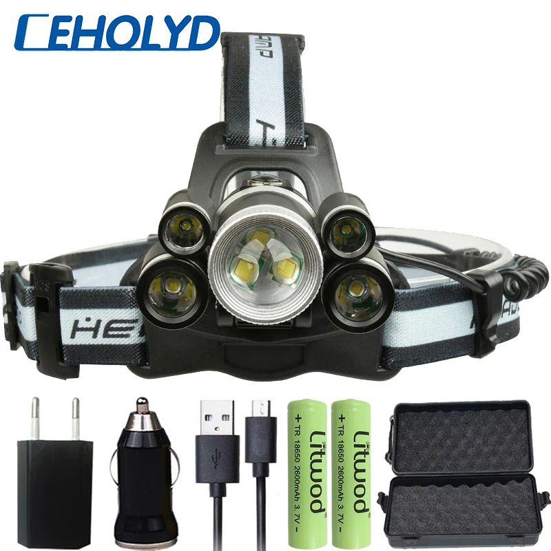 LED Headlamp 8000 Lumen 5* T6 & 2* XPE Head Flashlight Lamp Torch Zoomable Lanterna 5 Model Headlight for Camping Bulbs Ceholyd