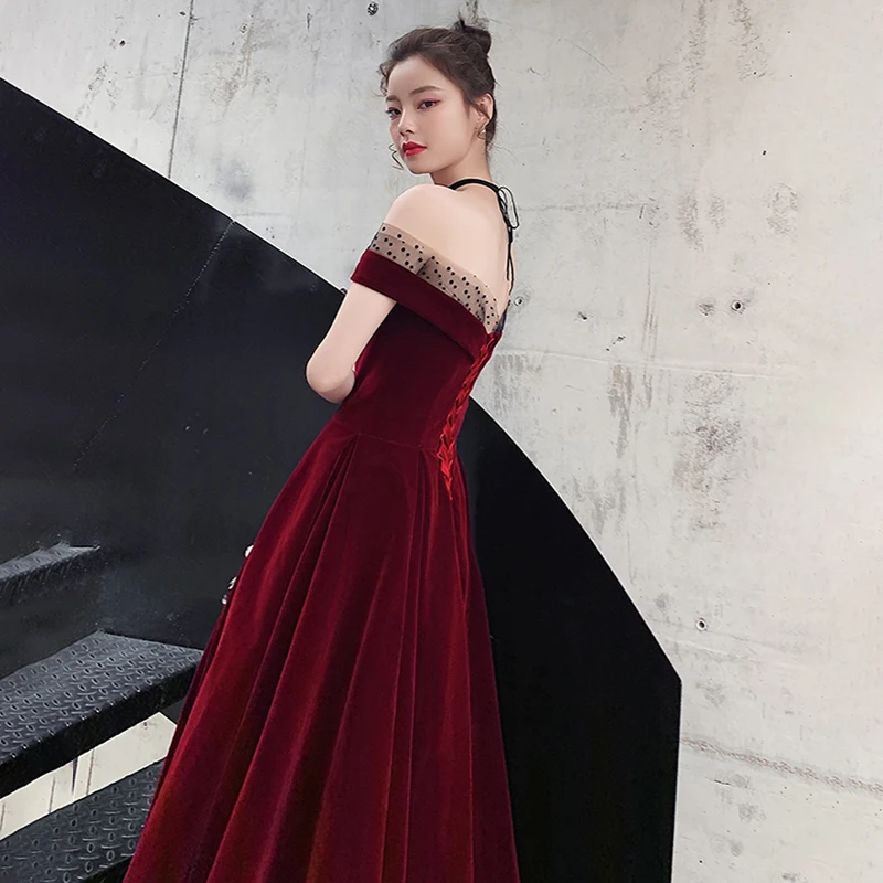 Evening Dresses Off the Shoulder Dots Burgundy Velour Pleat A-line Floor-length Plus size Customized Lace up Formal Dress A001