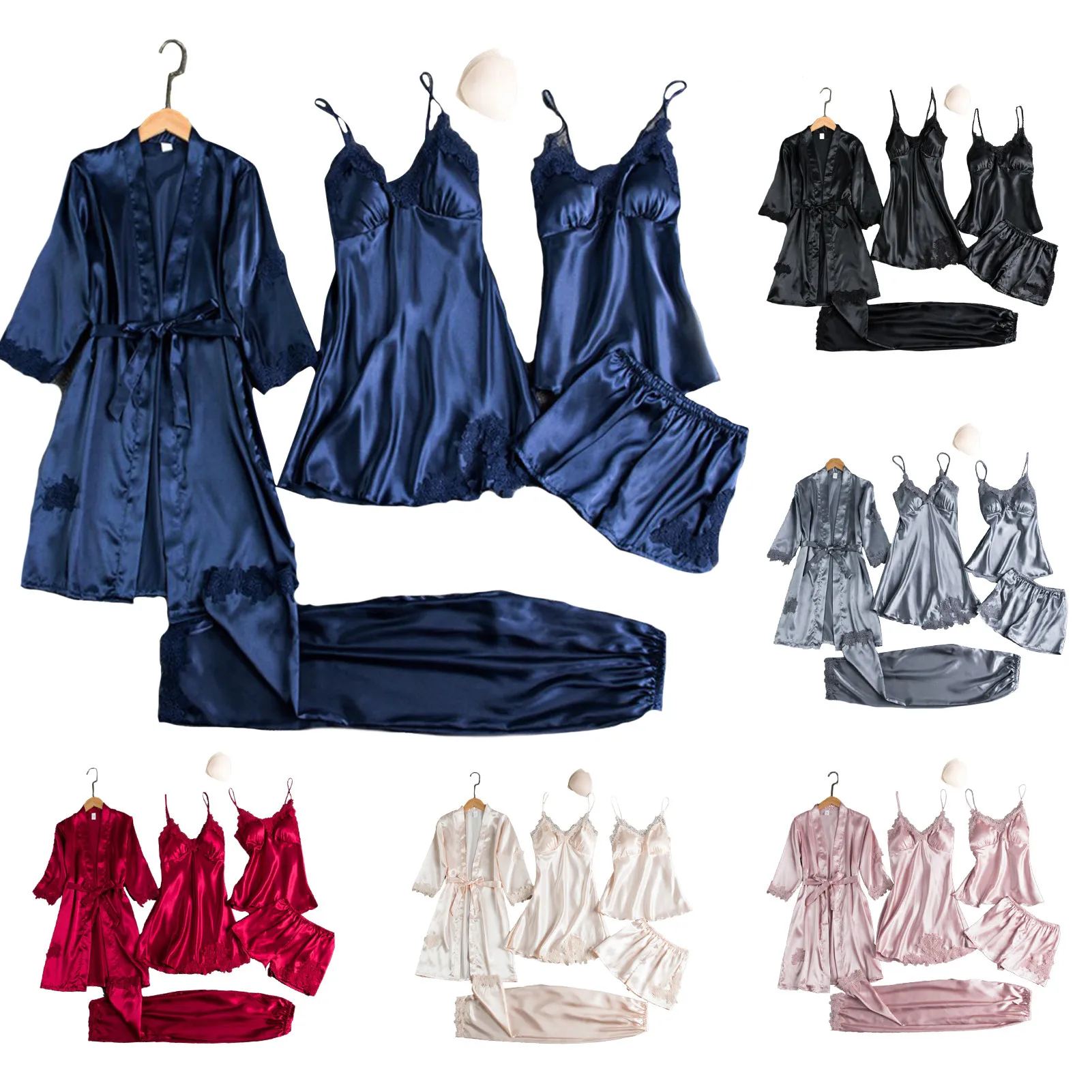 5PC Silk Robe Sleep Suit Womens Lace Satin Pajamas Gown Set V-Neck Cami Nighties Wear Pijama Home Nightwear Spring Nightdress