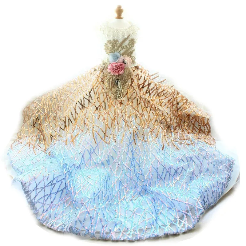 Luxury Handmade Dog Wedding Dress Blue Gold Sequins Embroidered Gradient Color Gown with Shiny Trimmings Pet Skirt