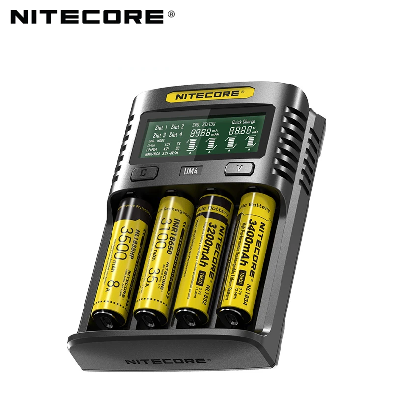 Time limited Sale Original Nitecore UM4 2A USB Four-slot QC C4 VC4 LCD Smart Charger IMR INR ICR Li-ion AA 18650 14500 Charger