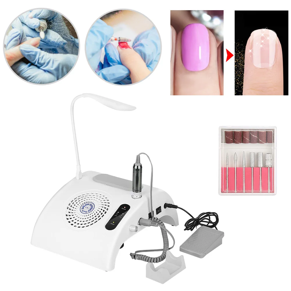 3In1 Electric Nail Apparatus Grind Polishing Drill Dust Collector Manicure Machine Wth LED Desk Lamp 6 Nail Drill Head Foot Care